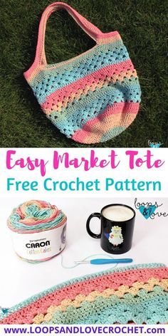 a crochet bag with the title easy market tote free crochet pattern