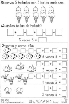 the worksheet for addition and subtraction in spanish, with pictures of ice cream