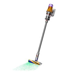 a close up of a vacuum cleaner on a white background with green and yellow dust