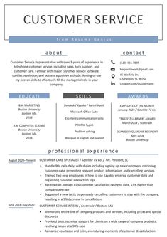 a professional resume for customer service representative in blue and gray colors, with the words customer service