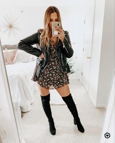 Summer Dress With Knee High Boots, Dress With Leather Jacket And Boots, Leather Over The Knee Boots Outfit, Floral Dress And Boots, Dress With Leather Jacket Outfit, Leather Jacket Over Dress, Dresses With Leather Jackets, Leather Jacket And Dress Outfit, Leather Jacket Dress Outfit