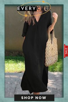 Women's Solid Color V-neck Linen Pocket Dress Solid Color V-neck Maxi Dress For Vacation, Solid Color V-neck Maxi Dress For Beach, Shift Midi Dress With V-neck, Shift V-neck Midi Dress, Solid Shift Maxi Dress For Vacation, Casual Solid Color V-neck Dress, Chic Solid Color Shift Maxi Dress, Casual Solid Color Dress With Split Neck, Casual Solid V-neck Midi Dress