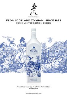 a bottle of blue and white liquid with an image of people in the background that reads from scotland to hawaii since 1853