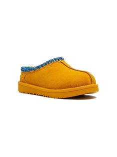 caramel brown/teal blue suede braid detailing round toe slip-on style faux-shearling lining rubber outsole Yellow Uggs, Brown Slippers, Ugg Kids, Boys Slippers, Brown Teal, Kids Uggs, Caramel Brown, Cookie Monster, Blue Suede