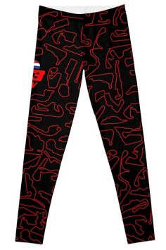 a black and red patterned leggings with the word f in red on it