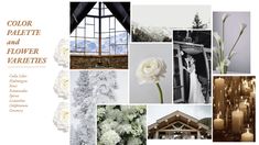 a collage of white flowers and candles in front of a window with the words color palette and flower varieties