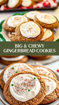 gingerbread cookies with white frosting and sprinkles are on a plate