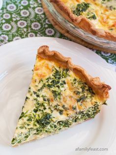 a slice of quiche on a white plate