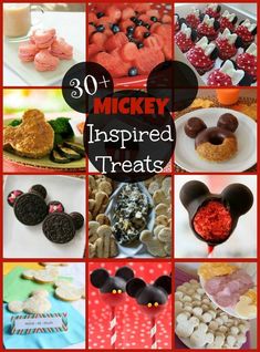 mickey mouse inspired treats are shown in this collage with the words, 30 mickey inspired treats