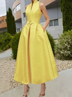 Urban Stand Collar Sleeveless Maxi Dress | stylewe Evening Midi Dress, Elegant Style Women, Plain Maxi Dress, Yellow Midi Dress, Dress Stand, Plain Dress, V Neck Midi Dress, Elegant Dresses Long, Dresses Women