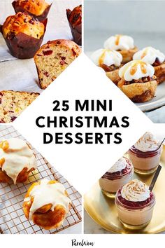 several different desserts are shown with the words 25 mini christmas desserts on them