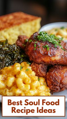 A plate of soul food featuring fried chicken, collard greens, mac and cheese, and cornbread, showcasing rich and flavorful Southern cooking. Soul Food Brunch Menu Ideas, Easy Southern Food Recipes, Sunday Southern Dinner Ideas, Southern Dishes Soul Food, Best Soul Food Recipes, Soul Food Menu Ideas, Black Sunday Dinner Ideas, Southern Dinner Recipes Soul Food, 5 Course Meal Ideas