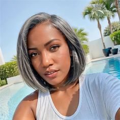 MELODIE Right Side Part Salt & Pepper Straight Short Bob  Human Hair Wig Colored 5x5 Lace Closure Side Part Straight, Silver Hair Short, Grey Bob Hairstyles, Silver Haired Beauties, Short Silver Hair, Salt And Pepper Hair, Hair Care Oil, Long Hair Wigs