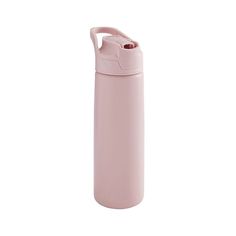 thermos bottle is pink and has a handle for carrying water or other things