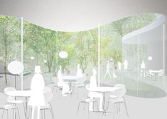 an artist's rendering of a room with tables, chairs and trees in the background