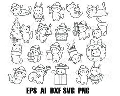 an image of christmas animals with presents in their hands and gifts on the ground, all outlined