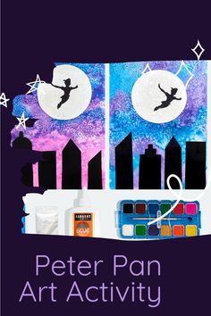 an art activity for kids with watercolors and paper on it, including the words peter pan art activity