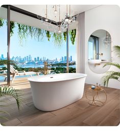 a bathroom with a large bathtub next to a window overlooking the water and city