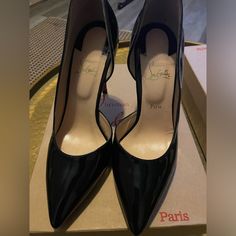 Beautiful Christian Louboutin Patent Leather Pumps, Like New With Box And Dust Bag. Izra - Fits True To Size 39 Luxury Black Heels For Office, Black Heels With Branded Heel Counter For Galas, Designer Black Heels 4-inch Heel, Black Heels For Galas With Branded Heel Counter, Luxury Black Heels For Night Out, Luxury Black Heels For Galas, Designer Black Heels For Office, Luxury Black Heels For Business, Designer Black Heels For Business