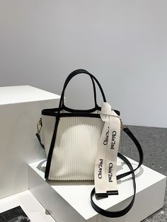 Letter Tape Decor Contrast Binding Square Bag Beige Elegant   PU Leather Plain Square Bag   Women Bags, size features are:Bust: ,Length: ,Sleeve Length: Stylish Letters, Word Wrap, Small Pouches, Chic Handbags, Square Bag, Malaga, Maternity Bag, Luggage Bags, Bags Women