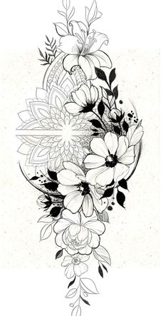 a black and white drawing of flowers with leaves on the bottom half of the image