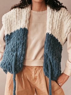 Hand knit two-tone plush vest with front tie. Can be layered over a jacket. Machine washable. Vest Outfits, Carbon Footprint, Large Earrings, Style Expert, Philadelphia Pa, Beautiful Love, Blue Cream, Womens Vest, Hand Knitting