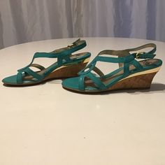 Beautiful New / Never Worn Patent Leather Sandal In Gorgeous Turquoise With Gold Metallic Trim Around The Footbed From Sofft. Three Inch Cork Wedge. Fantastic Shoe For Dressing Up A Boho Skirt Or Adding Just The Pop Of Color You Need To Dress Up Your Brunch Outfit. Perfect For Summer Weddings And Garden Parties! Adjustable Hook-And-Loop Straps With Buckle Detail Leather Lining. Suede-Lined Cork And Eva Comfort Footbed With Raised Foam For Visible Comfort Lightweight Cpe Outsole Turquoise Ankle Strap Heels For Summer, Summer Turquoise Ankle Strap Heels, Turquoise Synthetic Sandals For Spring, Turquoise Sandals For Summer, Turquoise Ankle Strap Sandals For Summer, Turquoise Wedge Heel Sandals For Beach, Summer Ankle Strap Sandals In Turquoise, Turquoise Open Toe Heels For Spring, Spring Turquoise Open Toe Heels