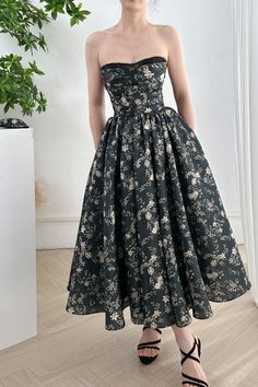 MissJophiel Corset Strapless Floral Print Satin Midi Dress Celestial Dress, Envy Clothing, Special Occasion Hairstyles, Floral Corset, Elegant Dresses Classy, Black Gown, Satin Midi Dress, Tea Length, Corset Dress