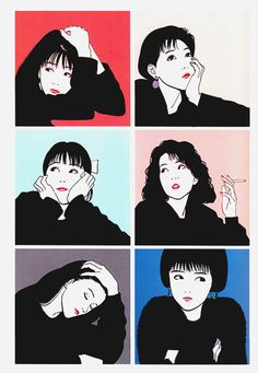 four different images of a woman with her hand on her head