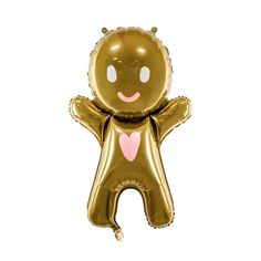 a gold foil balloon with a smiling face on it's head and arms in the shape of a man