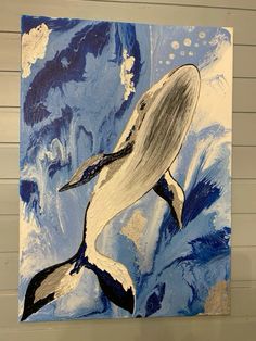 a painting of a humpback whale in blue and white