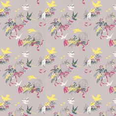 a pattern with birds and flowers on a gray background