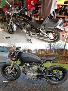 before and after photos of a black motorcycle