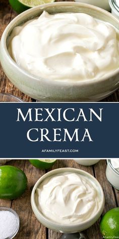 mexican cream in a bowl with limes around it