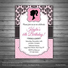 a pink and black birthday party card with a silhouette of a woman on the front