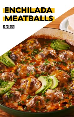 an enchilada meatballs dish with broccoli and avocado