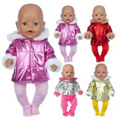 baby dolls are wearing shiny clothes and standing next to each other in the same photo