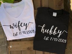 PRODUCTION TIME: production time is 2-3 weeks plus shipping. PLEASE MAKE SURE THIS WORKS FOR YOU BEFORE PLACING YOUR ORDER.  Hubby and wifey t-shirts. Perfect for wedding day, honeymoon, anniversary.  This listing is for TWO shirts.  You choose shirt style - unisex and or ladies v-neck.  You choose colors for the shirts and for the wording.  Everything I do is custom made to order, please allow 2-3 weeks.  These shirts are used with heat transfer vinyl, applied using a professional, commercial g Renewal Invitations, Disney Honeymoon Shirts, Honeymoon Fashion, Married Couple Shirts, Wedding Tshirt, Wedding Hoodie, Wedding Tshirts