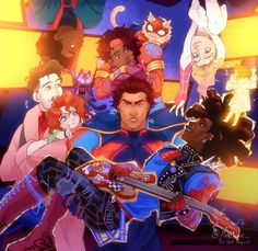 an anime character holding a guitar surrounded by other characters