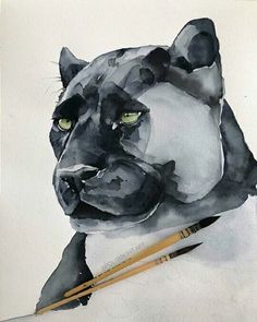 a watercolor painting of a black and white cat with green eyes holding a pencil