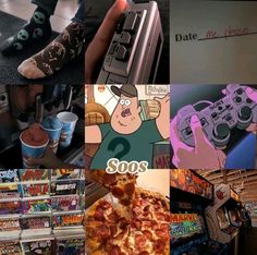 there are many different pictures that include pizza and video games