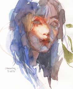 a watercolor painting of a woman's face with green leaves on her head