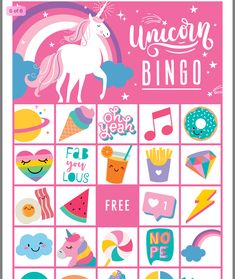 a pink and white poster with unicorns on it's sides, including the words unicorn