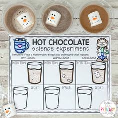 Christmas science experiment with Hot Chocolate by The Primary Parade Snowman Science Experiment, Snowman Crafts Preschool, Chocolate Activities, Snowman Hot Chocolate, Christmas Science Experiments, Winter Science Experiments, Prek Activities, Winter Science