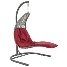 a swing chair with a red cushion hanging from it's back legs and seat pad