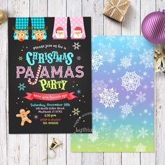 a christmas party flyer with snowflakes and decorations