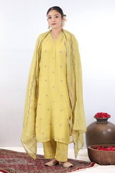 Yellow fine chanderi kurta crafted with all over geometric pattern, multi color thread, zari, sequin and beads hand embroidery. Paired with straight pant and floral embroidered dupatta. - Aza Fashions Yellow Kurta, Women Kurta, Embroidered Pants, Indian Heritage, Straight Kurta, Pants Pattern, Straight Pants, Set For Women, Three Quarter Sleeves