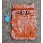 an orange cat purse with a blue bird on it