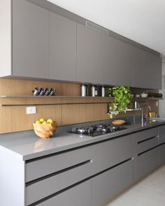 a modern kitchen with stainless steel appliances and wooden cabinets, along with potted plants