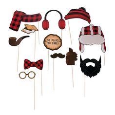 a group of props that include hats, mustaches and eyeglasses on sticks